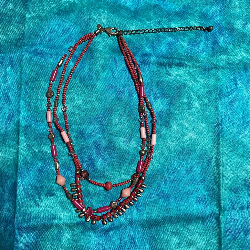 Chicos three strand beaded necklace, vintage orange, pink, silver. 9”-13”, wired